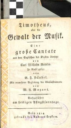 Timotheus, oder die Gewalt der Musik : Eine große Cantate