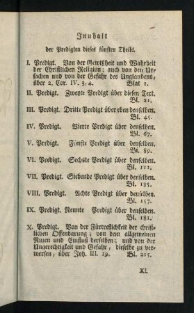 Innhalt der Predigten dieses fünften Theils