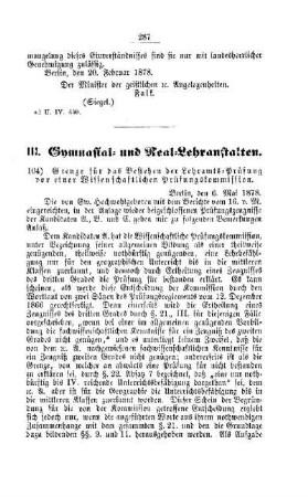 Grenze für das Bestehen der Lehramts-Prüfung vor einer Wissenschaftlichen Prüfungskommission : [III. Gymnasial- und Real-Lehranstalten]