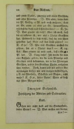 Zweytes Gespräch. Fortsetzung der Addition und Subtraction