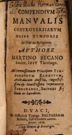 Compendium Manualis controversiarum hujus temporis de fide ac religione