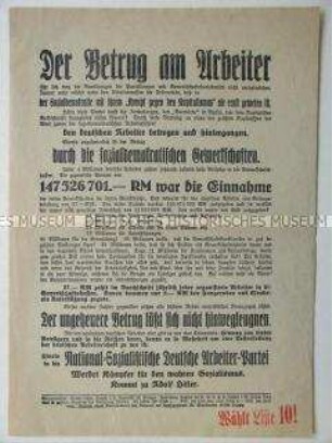 Propagandaflugblatt der NSDAP mit Polemik gegen die Gewerkschaften