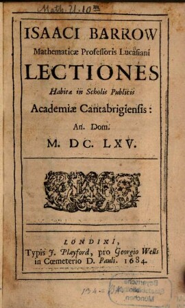 Lectiones habitae in scholis publicis Academiae Cantabrigiensis
