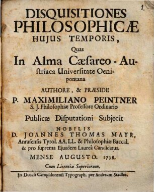 Disquisitiones philosophicae huius temporis
