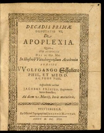 Decadis Primae Disputatio VII, De Apoplexia