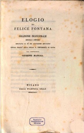 Elogio di Felice Fontana : Orazione inaug. ...