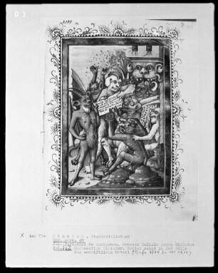 Jacobus Palladini de Anacharano, Prozeß des Teufels Belial mit Christus; der 'Grüne Teufel' — Belial zeigt in der Hölle das schriftliche Urteil