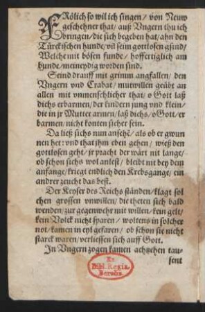 FRölich so wil ich singen/ von Neuw || geschehner that/