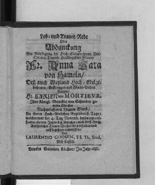 Lob- und Trauer-Rede Oder Abdanckung