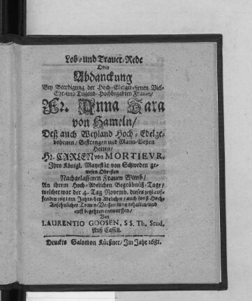 Lob- und Trauer-Rede Oder Abdanckung