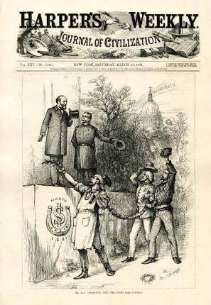 The real connecting link - this looks like business : an Präsident Garfield und General Hancock marschieren Vertreter der Industrie sowie der Nord- und Südstaaten vorbei, die durch ein Blumenband miteinander verbunden sind