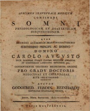 Specimen Inavgvrale Medicvm Continens Somni Physiologicam Et Diaeteticam Disqvisitionem