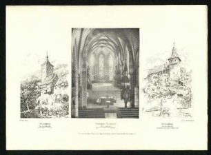 Öhringen. Stiftskirche. Perspektivische Ansichten und Innenansicht.