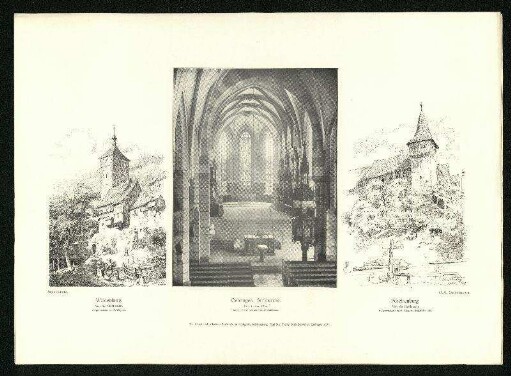 Öhringen. Stiftskirche. Perspektivische Ansichten und Innenansicht.