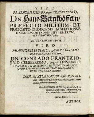 Viro Prænobilissimo atque Præstrenuo Dn. Hans Bergkhöffern [...] Dn. Conrado Frantzio
