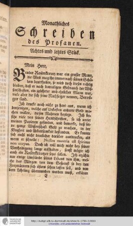 Monathliches Schreiben des Profanen. Achtes und letztes Stück.