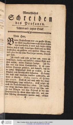 Monathliches Schreiben des Profanen. Achtes und letztes Stück.