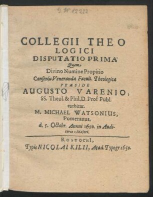 1: Collegii Theologici Disputatio ...