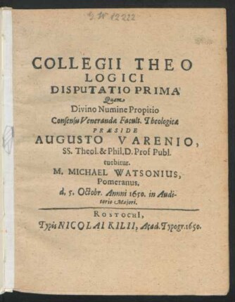 1: Collegii Theologici Disputatio ...
