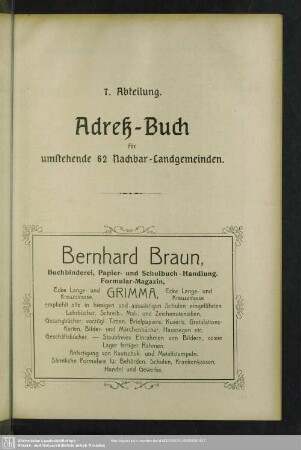 7. Abteilung. Adreß-Buch für umstehende 62 Nachbar-Landgemeinden