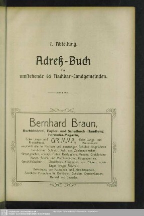 7. Abteilung. Adreß-Buch für umstehende 62 Nachbar-Landgemeinden