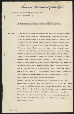 Entlastungsvorrichtung an einem Schiffahrtskanal Monatskonkurrenz November 1931: Erläuterungsbericht, 5 S.