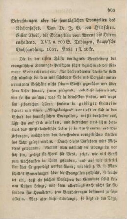663-688 [Rezension] Hirscher, Johann Baptist von, Betrachtungen über die sonntäglichen Evangelien des Kirchenjahrs