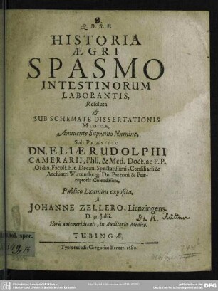 Historia aegri spasmo intestinorum laborantis