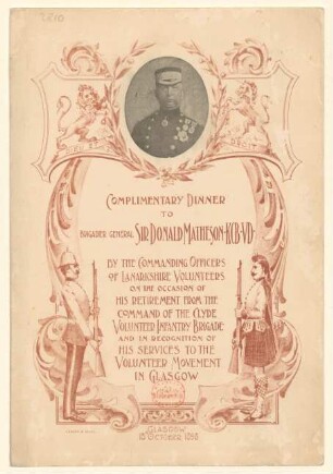Menükarte : Complimentary Dinner to Brigadier General Sir Donald Matheson…, Windsor Hotel