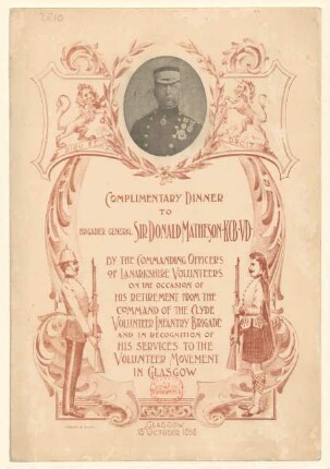 Menükarte : Complimentary Dinner to Brigadier General Sir Donald Matheson…, Windsor Hotel