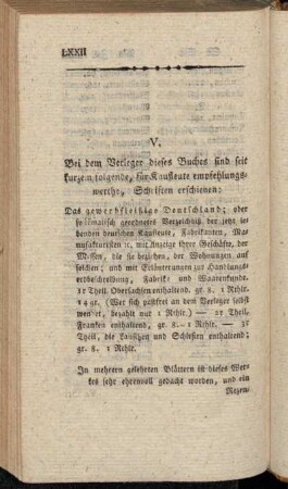 V. Bei dem Verleger dieses Buches sind seit kurzem folgende, für Kaufleute empfehlungswerthe, Schriften erschienen:[...]