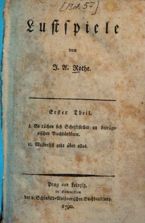 Lustspiele, 1. I. So rächen sich Schriftsteller an betrügerischen Buchhändlern. II. Weiberlist geht über alles