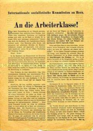 An die Arbeiterklasse - Friedensaufruf der Internationalen sozialistischen Kommission zu Bern