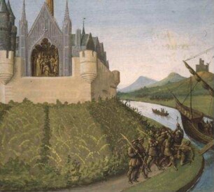 Grandes Chroniques de France — Wilhelm von Longue-Epée, Herzog der Normandie, wird im im Wald von Jumièges ermordet, Folio 159 verso
