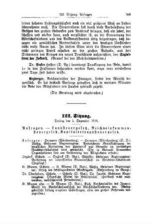 122. Sitzung. Freitag den 5. Dezember 1919