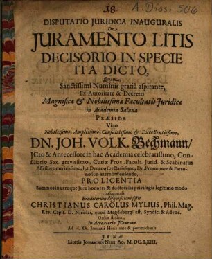 Disputatio Iuridica Inauguralis De Iuramemnto Litis Decisorio In Specie Ita Dicto