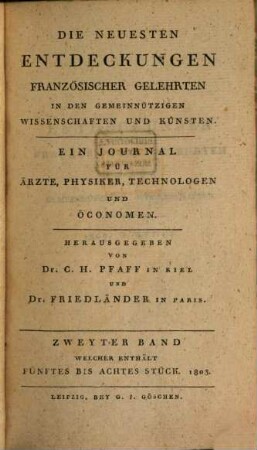 Französische Annalen für die allgemeine Naturgeschichte, Physik, Chemie, Physiologie und ihre gemeinnützigen Anwendungen, 1803, St. 5 - 8 = Bd. 2