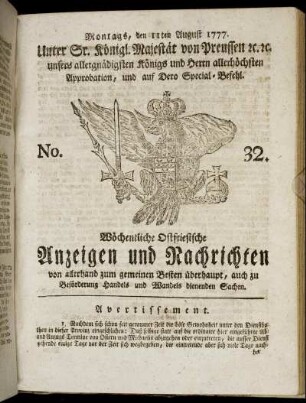 No. 32. Montags, den 11ten August 1777.