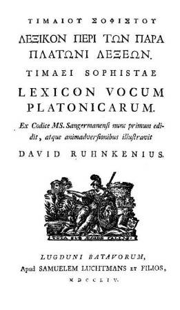 Timaiu Sophistu Lexikon Peri Tōn Para Platōni Lexeōn