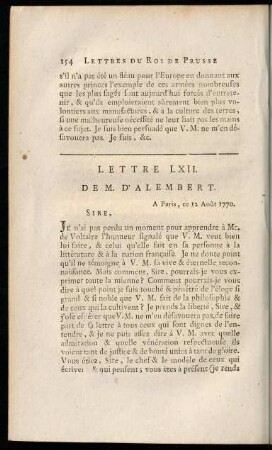 154-166, Lettre LXII. de M. d'Alembert. - Lettre LXVI. du Roi.