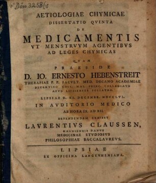 Aetiologiae chymicae dissertatio .... Quinta, De medicamentis ut menstruum agentibus ad leges chymicas
