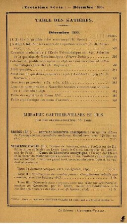 Table des matières. Décembre 1896.