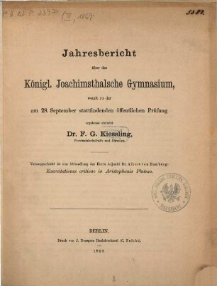 Jahresbericht über das Königl. Joachimsthalsche Gymnasium : für das Schuljahr ..., 1869