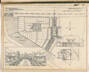 Reihenhäuser einer Heimstättensiedlung Monatskonkurrenz November 1920: Lageplan 1:1000; perspektivische Ansicht einer Straße; Einzelhaus: Grundriss Erdgeschoss, Aufriss Vorderansicht 1:100