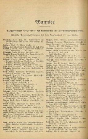 Wannsee. Alphabetisches Verzeichnis der Einwohner mit Fernsprech-Anschlüssen