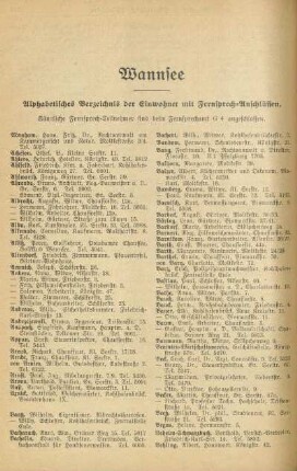 Wannsee. Alphabetisches Verzeichnis der Einwohner mit Fernsprech-Anschlüssen
