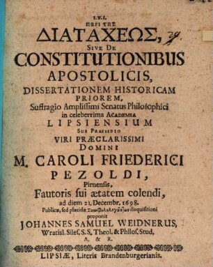 Peri tēs diataxeōs, sive de constitutionibus apostolicis, Diss. prior