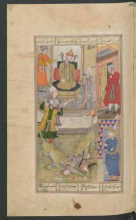 Illustration: Ḍuḥḥāk beobachtet zwei Löwen, die einen Mann zerreißen