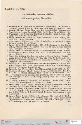 I. Abteilung Luxusdrucke, moderne Bücher, Gesamtausgaben, Geschichte (Nr. 1 - 227)