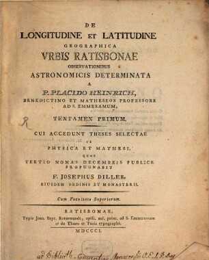 De longitudine et latitudine geographica urbis Ratisbonae : tentamen primum
